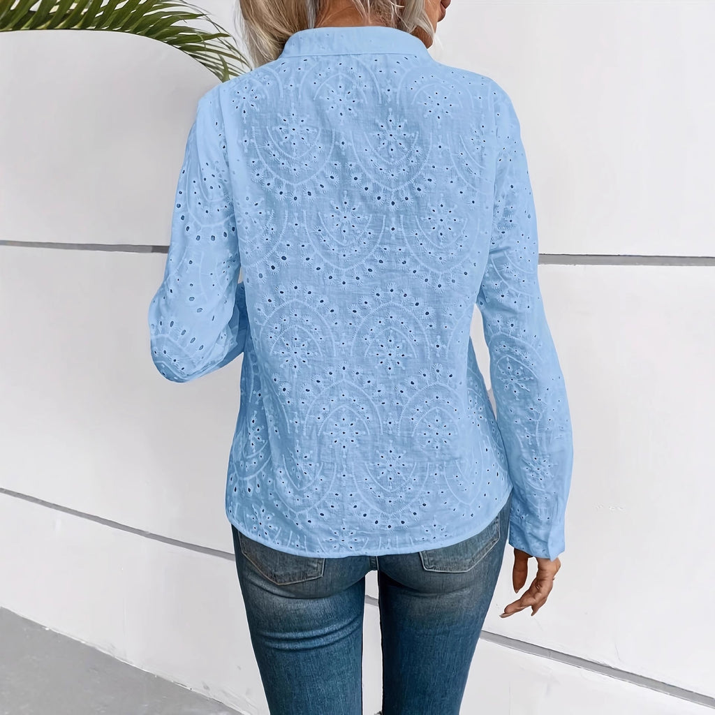 Women’s Blue Embroidered Hollow-Out Long Sleeve Shirt