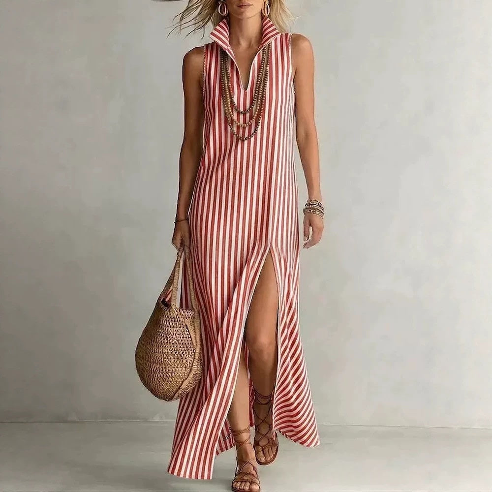 Striped Stand Collar Side-Slit Sleeveless Maxi Dress – A-Line Cami
