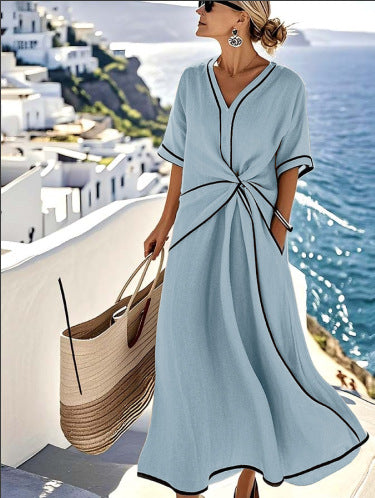 Striped Print Maxi Dress – Short Sleeve Beach Vacation Dress