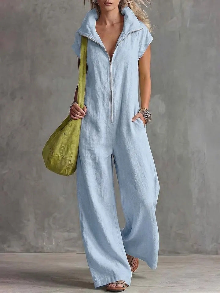 Women's Loose Sleeveless Jumpsuit with Pockets – Linen-Look