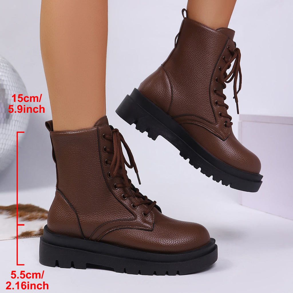 Women’s Round Toe Plus Size Lace-Up Chunky Sole Ankle Boots