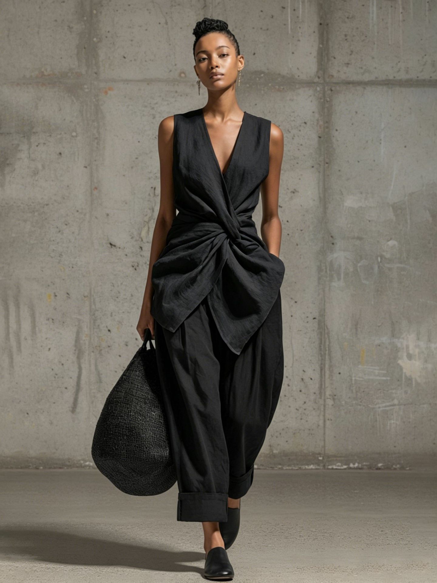 Women's Tie-Front V-Neck Sleeveless Top & Wide-Leg Pants Set