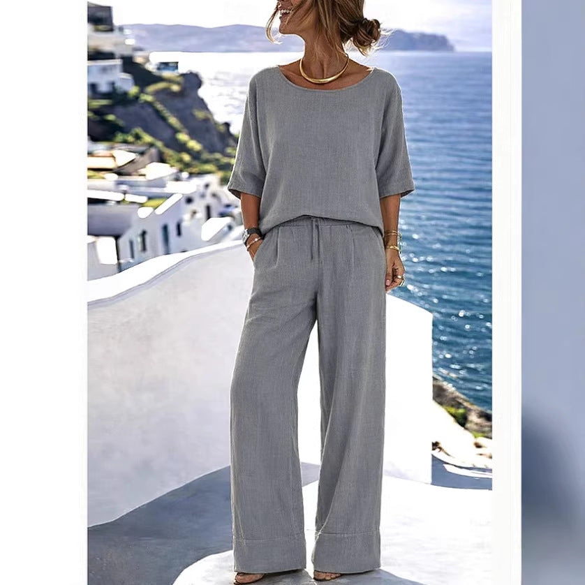 Women's Resort Set – Short Sleeve Top & Wide-Leg Pants