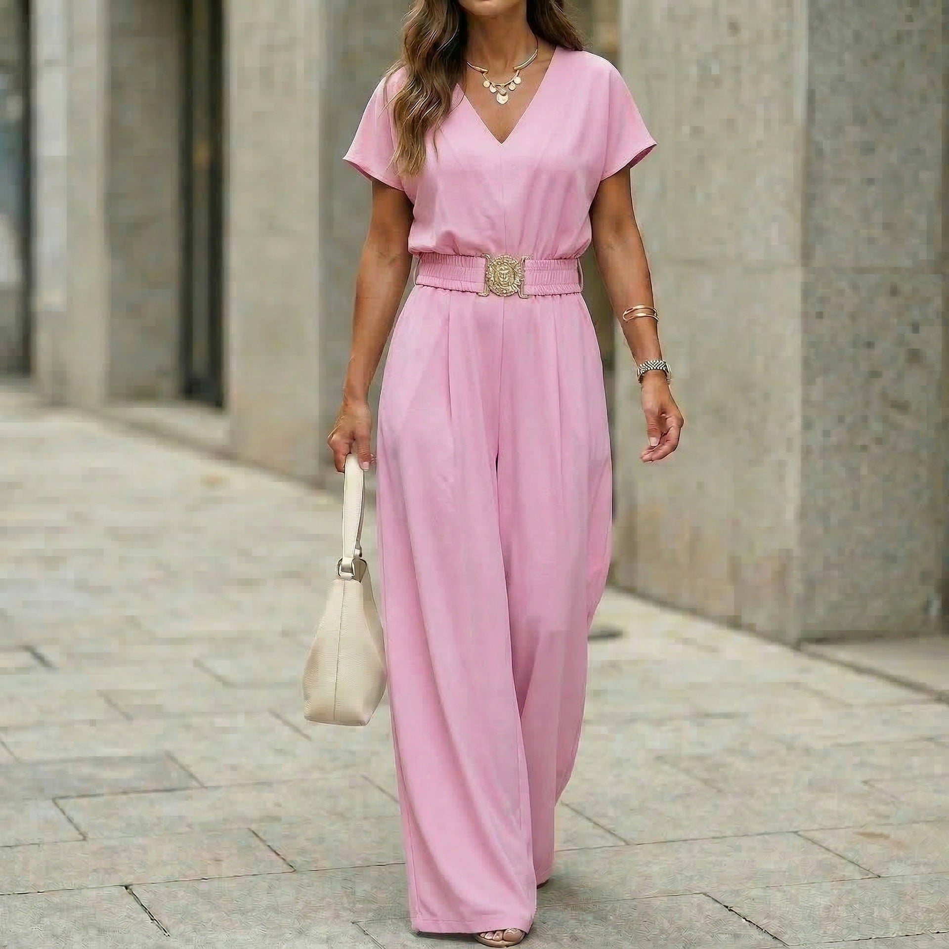 Women's V-Neck Belted Wide-Leg Jumpsuit