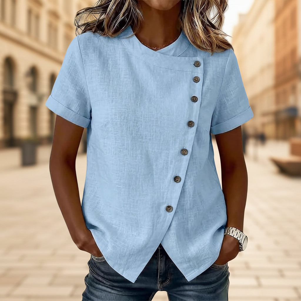 Women's Cross-Neckline Asymmetrical Hem Cotton Linen Top – Loose Fit