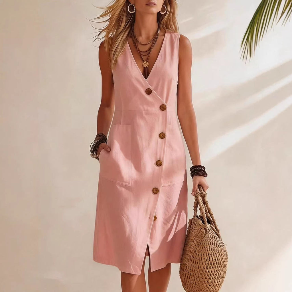 Women's Resort V-Neck Sleeveless Asymmetrical-Button Midi Dress