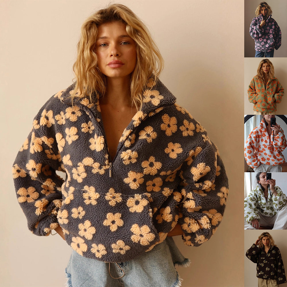 Winter Flowers Lambskin Sweatshirt Women | Cozy Zip-Up Pocket Pullover