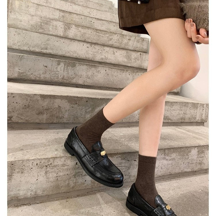 Women's British-Style Gold Coin Loafers | Block Heel Leather Slip-Ons