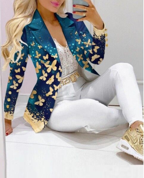 Women's Printed Coat & Trousers Two-Piece Set – 19 Prints, Casual Fashion Suit