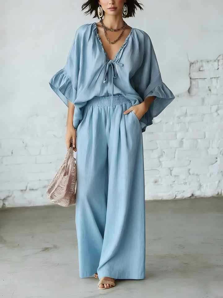 Women's Loose-Fit V-Neck Top & Wide-Leg Pants Two-Piece Set