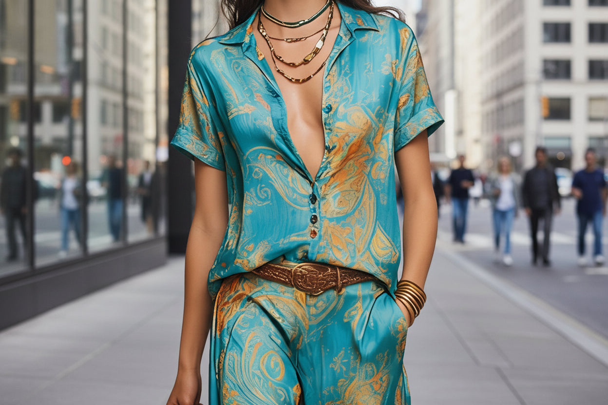 Women's Bohemian Printed Resort Two-Piece Set – 3/4 Sleeve Shirt & Pants