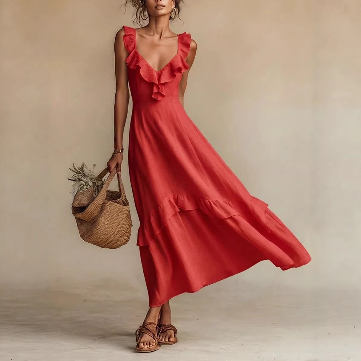 Sleeveless Ruffle Detail High-Waist Maxi Dress – 7 Colors, S–3XL