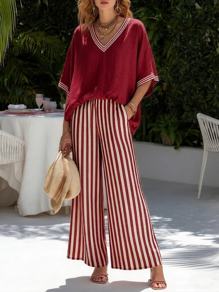 Women's Striped Tunic Top & Casual Trousers Two-Piece Set
