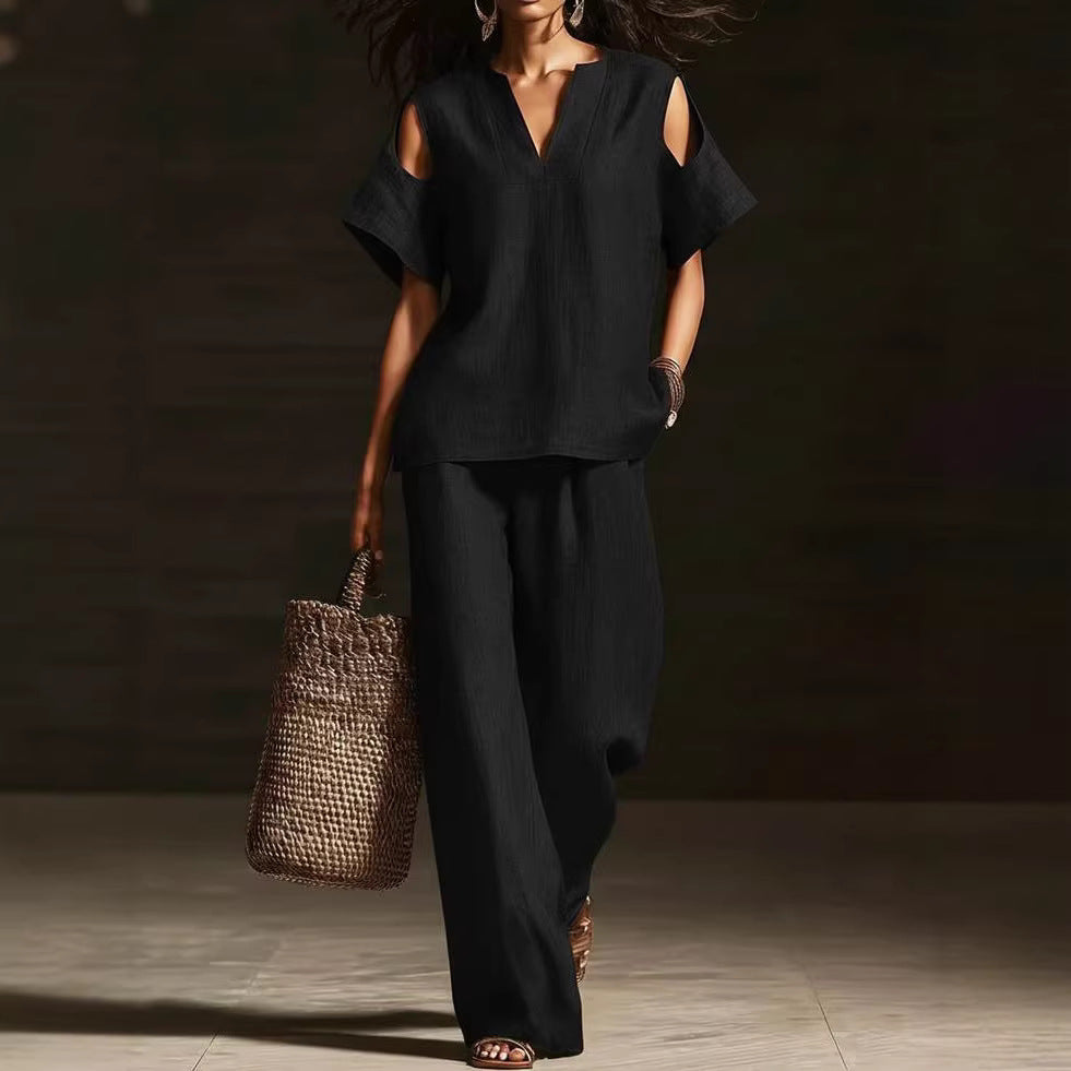 V-Neck Short Sleeve Top & Straight-Leg Pants Set – Ripped Detail, Pockets, Solid Color