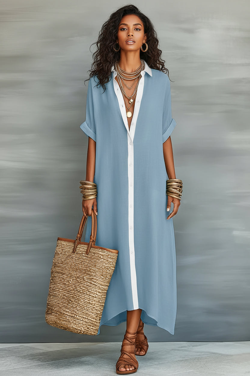 Color-Block Shirt Maxi Dress – Women's Loose Button-Front Long Dress with Contrast Collar