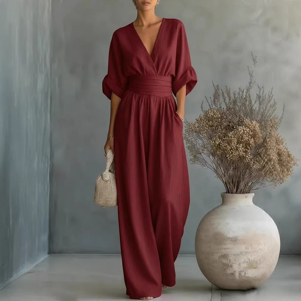 Women's V-Neck Wide-Leg Jumpsuit – High Waist Pleated Elegant 11 Colors S–5XL