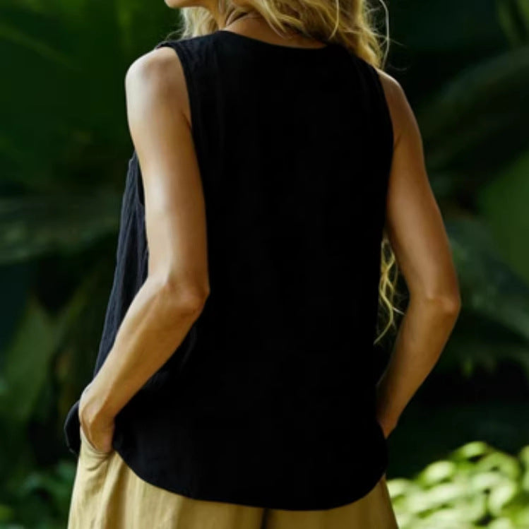 Cotton-Linen Sleeveless V-Neck Button Shirt – 3 Colors, S–2XL