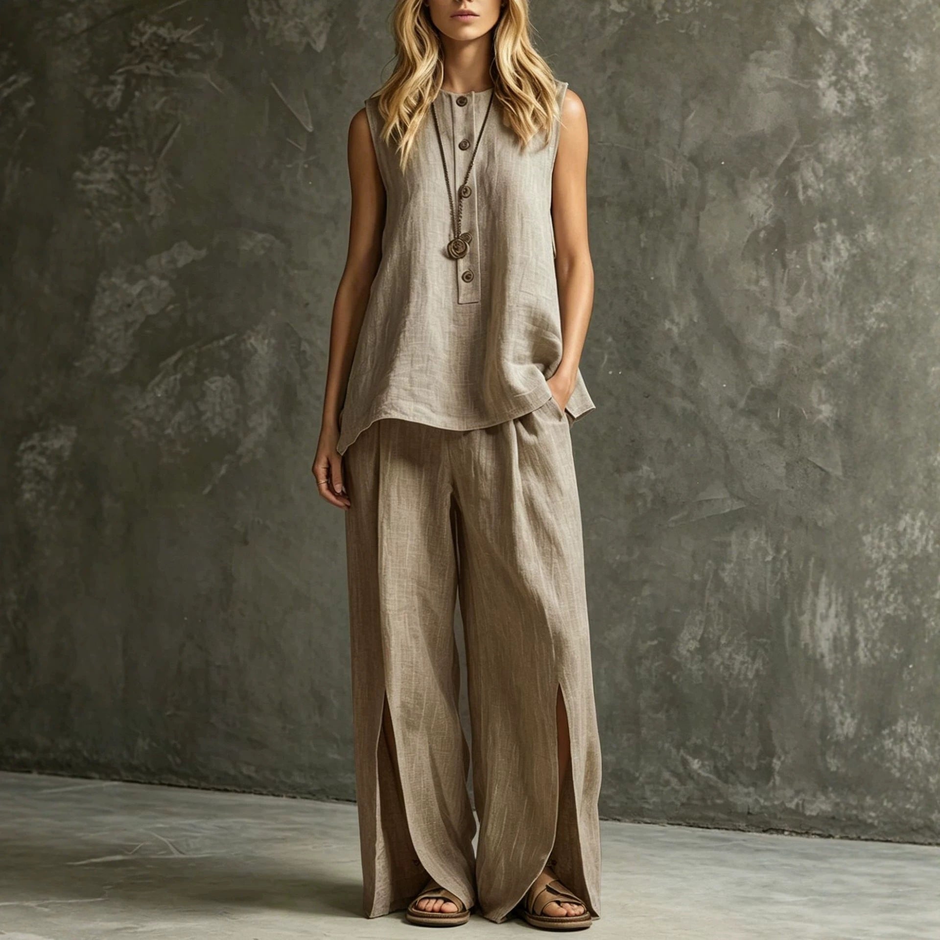 Women's Loose Sleeveless Tank Top & Slit Wide-Leg Pants Two-Piece Set