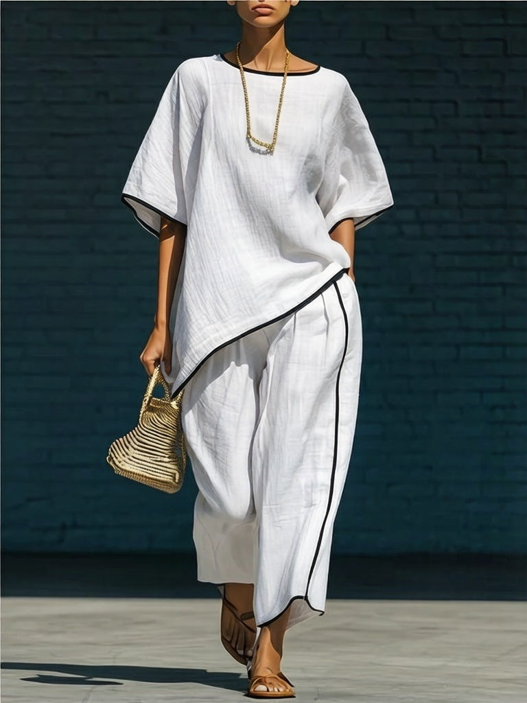 Women's Casual Resort Loose Short-Sleeve Top & Pants Set