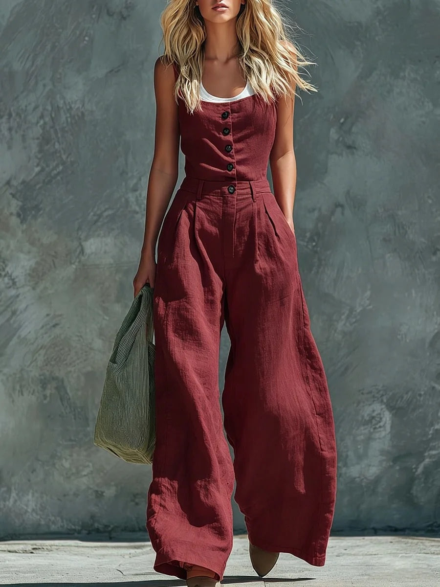 Women's Retro Button-Front High-Waist Wide-Leg Jumpsuit