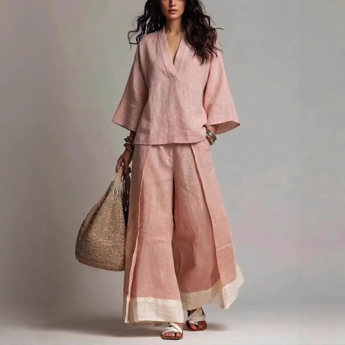 Women's Cotton-Linen V-Neck 3/4 Sleeve Shirt & Wide-Leg Pants Set