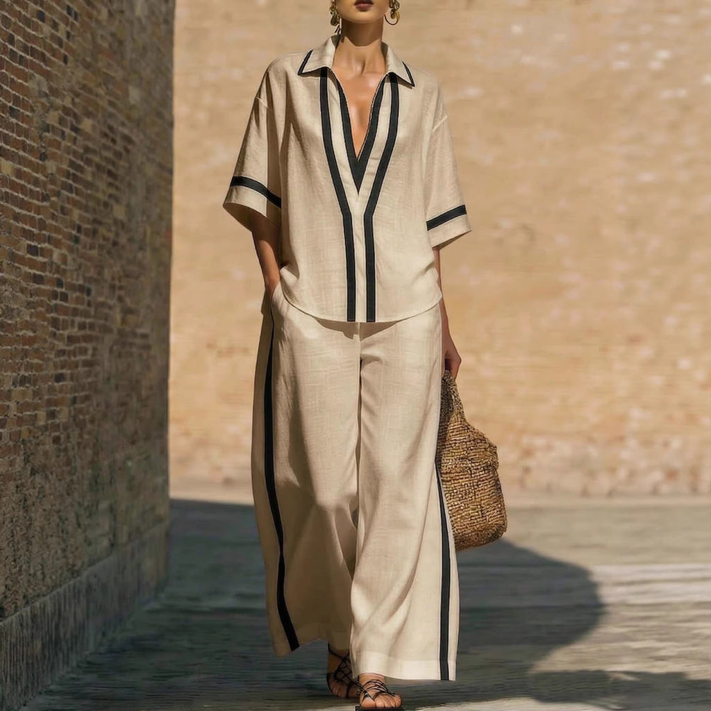 Women’s Color Block Shirt and Wide-Leg Pants Set