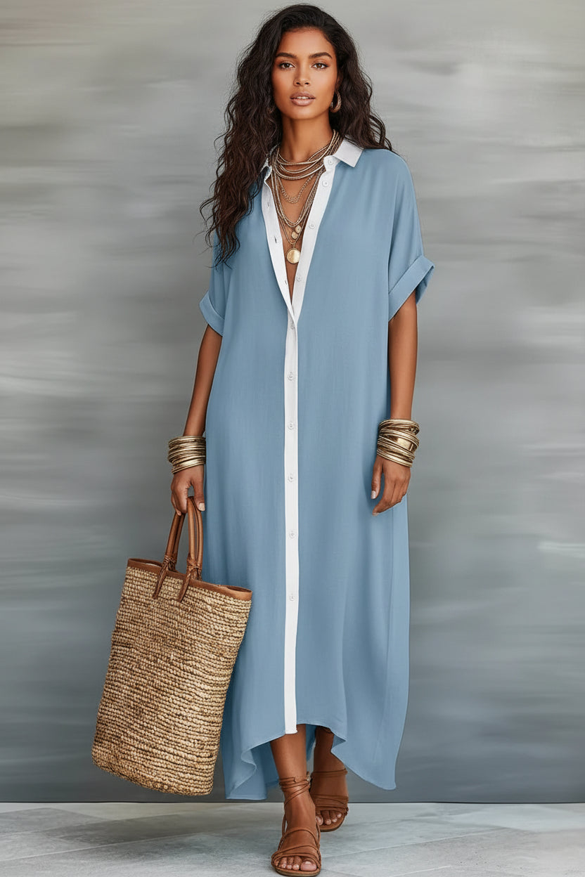 Color-Block Shirt Maxi Dress – Women's Loose Button-Front Long Dress with Contrast Collar