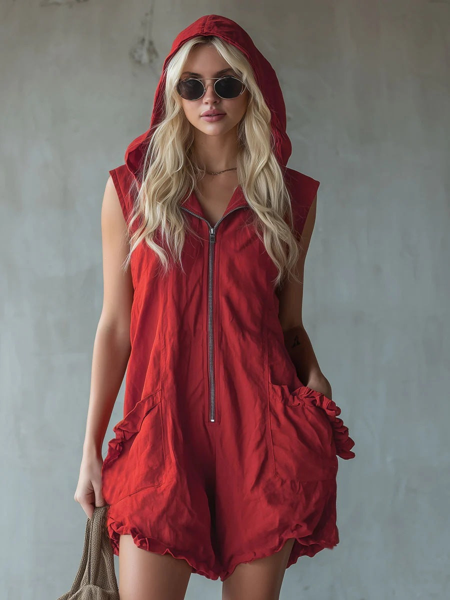 Women's Retro Hooded Zip-Up Sleeveless Cropped Jumpsuit