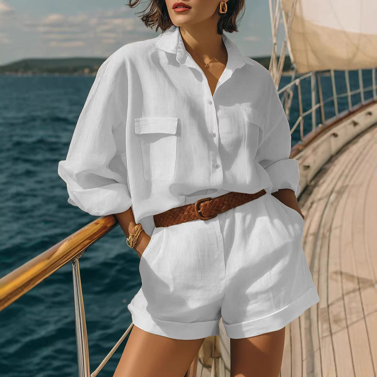 Cotton-Linen Loose-Fit Button-Down Shirt and Shorts Casual Set