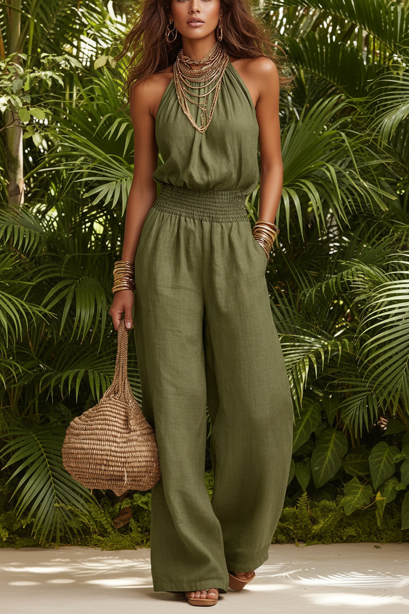 Women's Halter-Neck Backless Wide-Leg Jumpsuit – Solid Color Street Style
