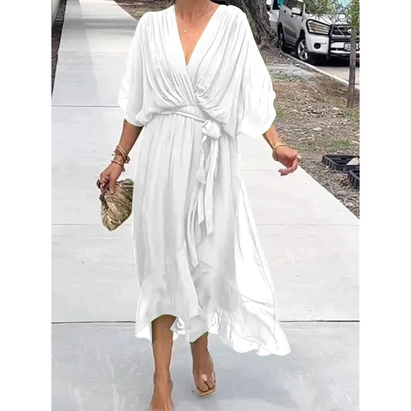 Batwing Sleeve V-Neck Midi Dress – Tied Irregular Hem Fairy Dress