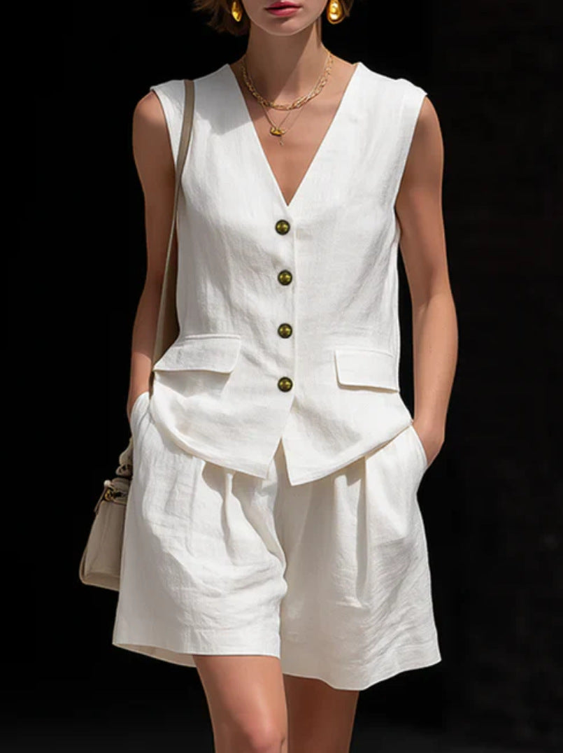 Women’s Cotton Linen Sleeveless Vest Top and Shorts Set