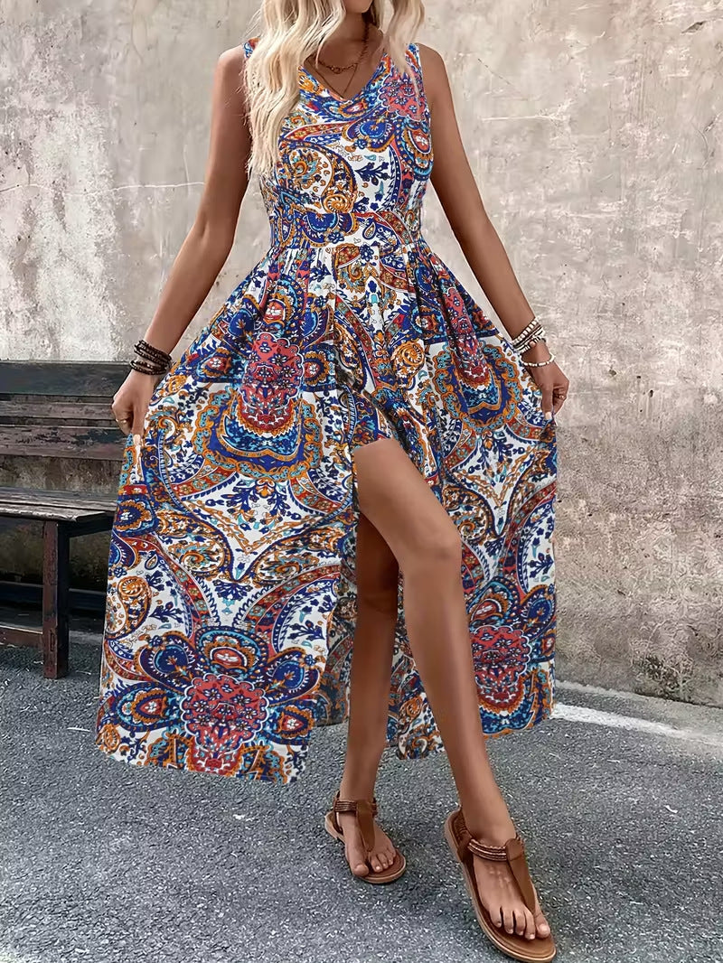 Women's Printed V-Neck Sleeveless Jumpsuit – Vacation Chic