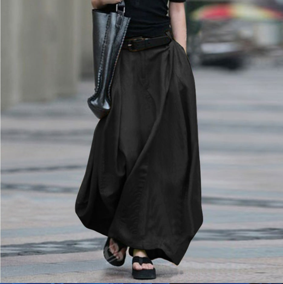 Women's High-Waist Flared Maxi Skirt – Solid Color Cotton Linen with Pockets
