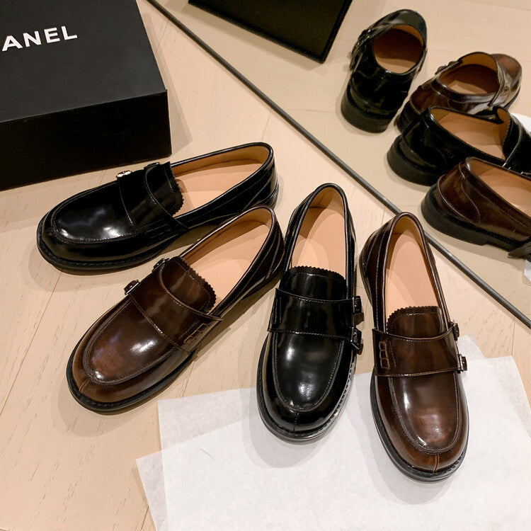 Women's Chunky Heel Buckle Loafer Shoes
