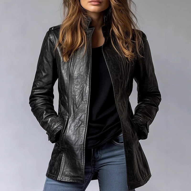 Vintage Style PU Jacket — Mid-Length Open Cardigan Leather Coat with Pockets