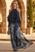 Women's Halter Neck Ruffle Chiffon Top & Tie-Dye Wide Leg Pants Set