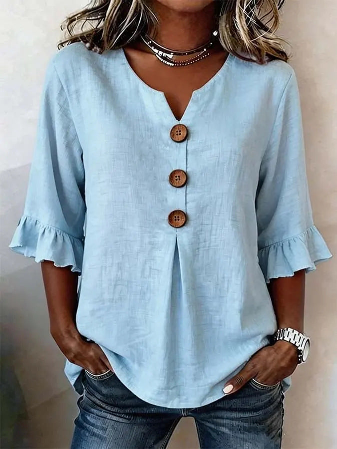 Women's Cotton Linen V-Neck Button-Up Blouse — Summer Casual Top