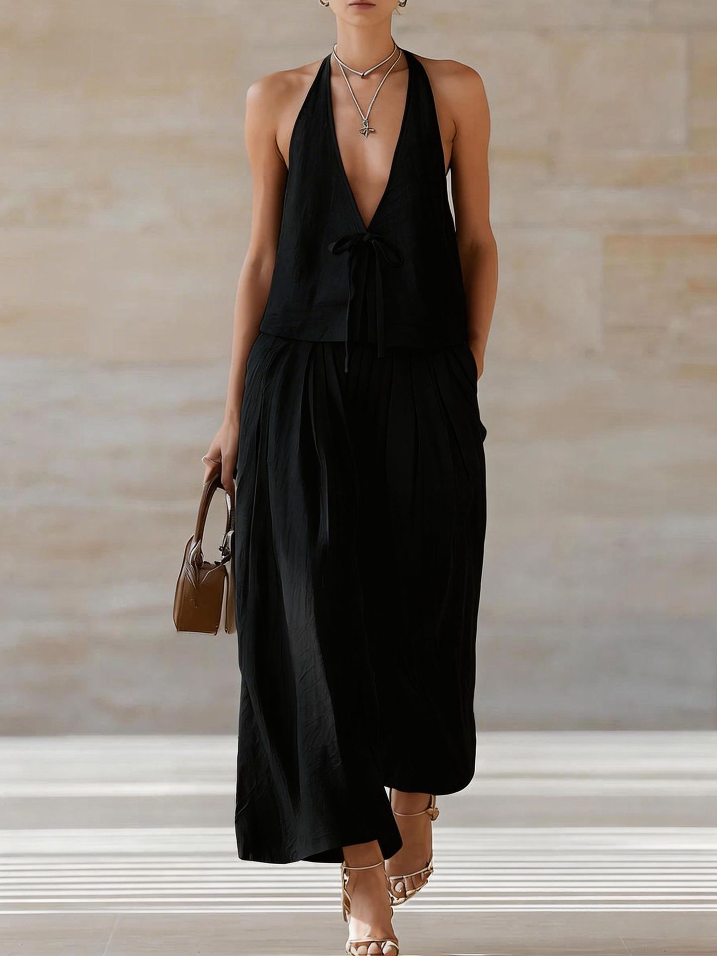 Women's Sleeveless Vest & Wide-Leg Pants Set – 2-Piece Lace-Up Outfit