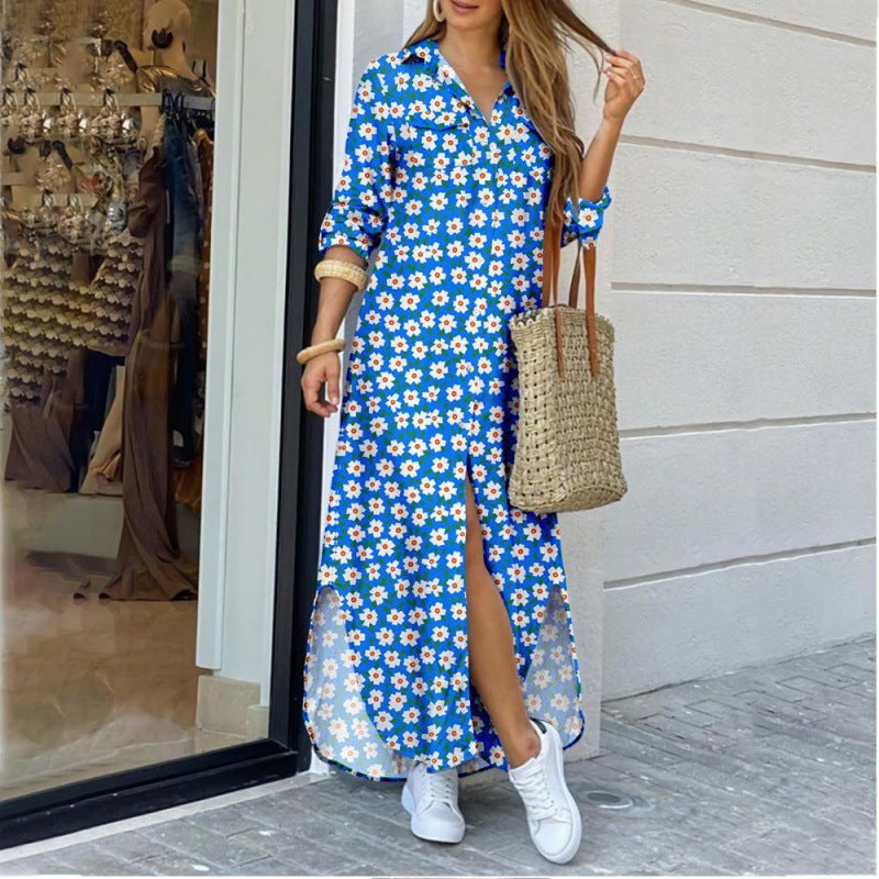 Women's Lapel-Collar Long Shirt Dress – Floral Print Midi Relaxed Fit