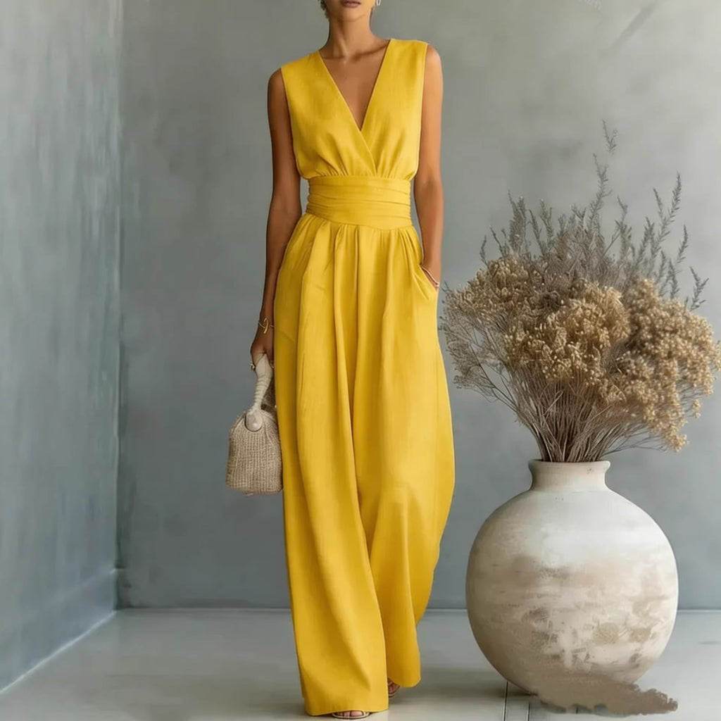 Women's Elegant V-Neck Sleeveless Jumpsuit – Waist-Cinching Straight Leg
