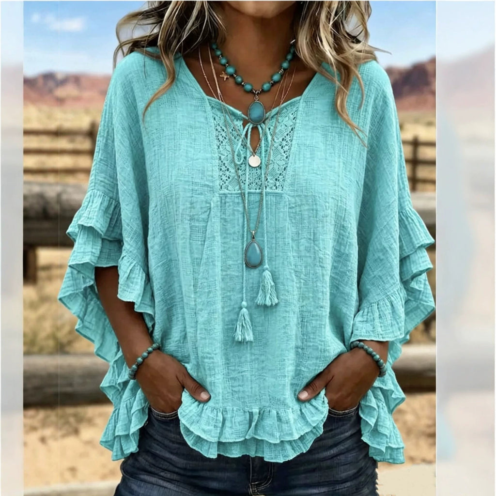 Women's Boho V-Neck Lace-Up Ruffle Sleeve Blouse – Lace Trim