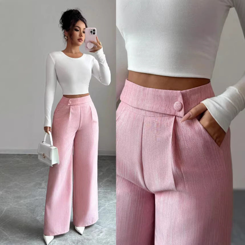 Women's High-Waist Straight-Leg Pants – Solid Color Button Detail Full Length