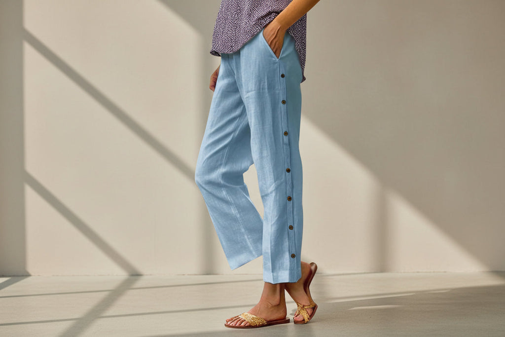 Cropped Pants With Decorative Buttons Along the Side Seams