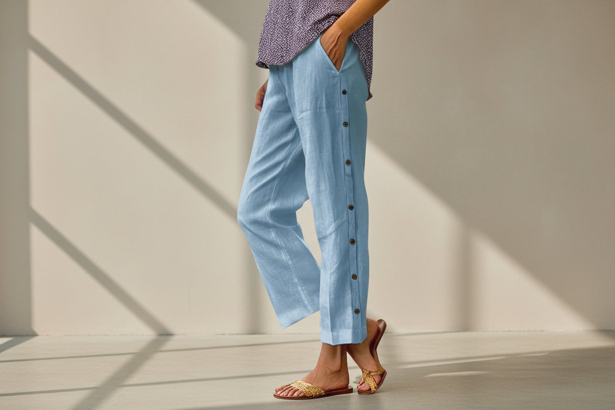 Cropped Pants With Decorative Buttons Along the Side Seams