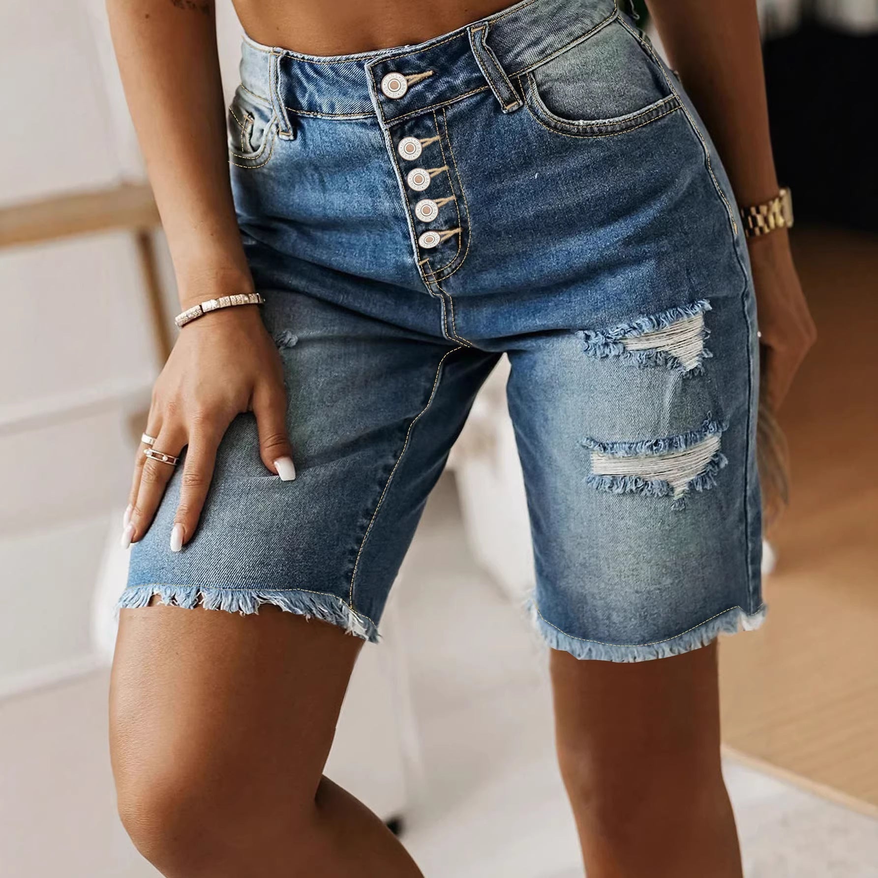 Women’s Cotton Denim Shorts – Mid-Length Frayed Hem Distressed