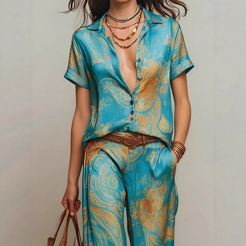 Women's Bohemian Printed Resort Two-Piece Set – 3/4 Sleeve Shirt & Pants