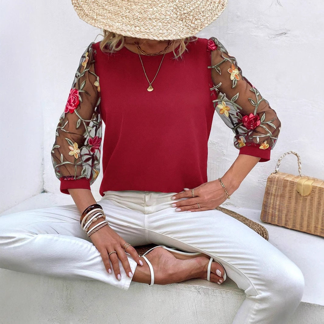 Women's Mesh Patchwork Three-Quarter Sleeve Top – Casual Chic