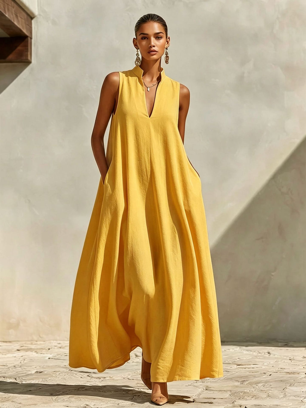Linen Blend Sleeveless Stand-Collar Maxi Dress – 5 Colors S–3XL