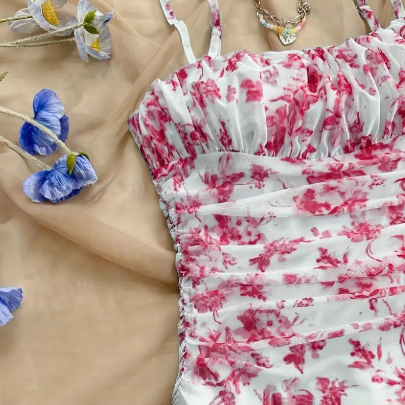 Boho Floral Spaghetti Strap Mini Dress – Ruched Ruffle Hem Vacation Sundress